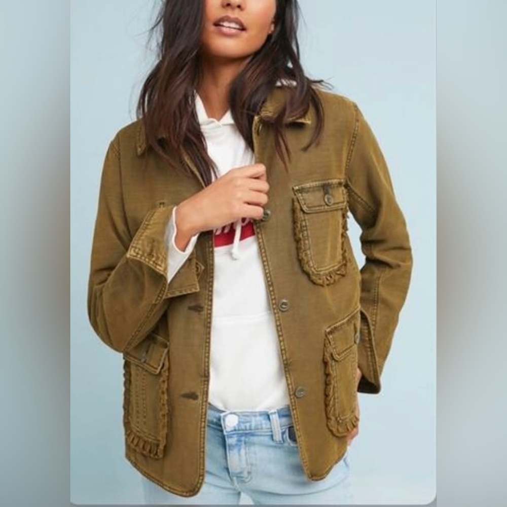Anthropologie olive green button up jacket with ruffle pockets.